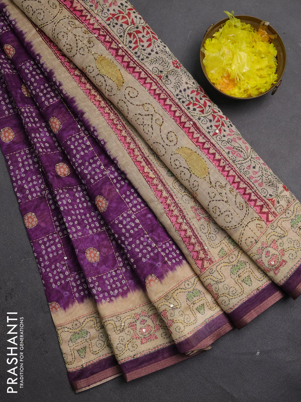 Semi linen saree purple and beige with allover bandhani prints & embroidery work and embroidery pallu & border