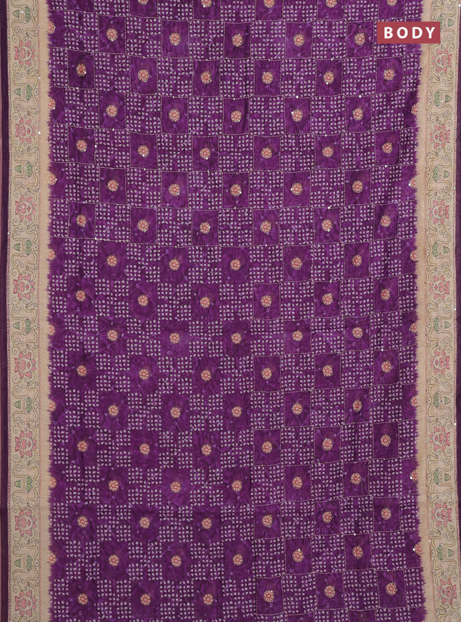 Semi linen saree purple and beige with allover bandhani prints & embroidery work and embroidery pallu & border