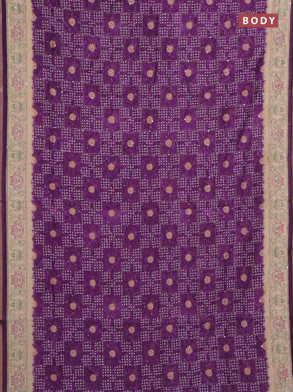 Semi linen saree purple and beige with allover bandhani prints & embroidery work and embroidery pallu & border