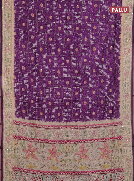 Semi linen saree purple and beige with allover bandhani prints & embroidery work and embroidery pallu & border