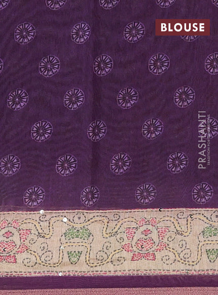 Semi linen saree purple and beige with allover bandhani prints & embroidery work and embroidery pallu & border