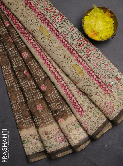 Semi linen saree dark beige and beige with allover bandhani prints & embroidery work and embroidery pallu & border