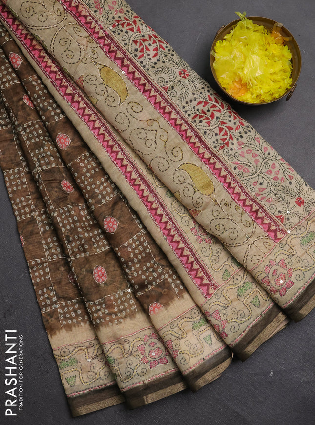 Semi linen saree dark beige and beige with allover bandhani prints & embroidery work and embroidery pallu & border