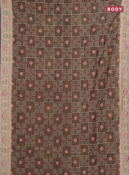 Semi linen saree dark beige and beige with allover bandhani prints & embroidery work and embroidery pallu & border