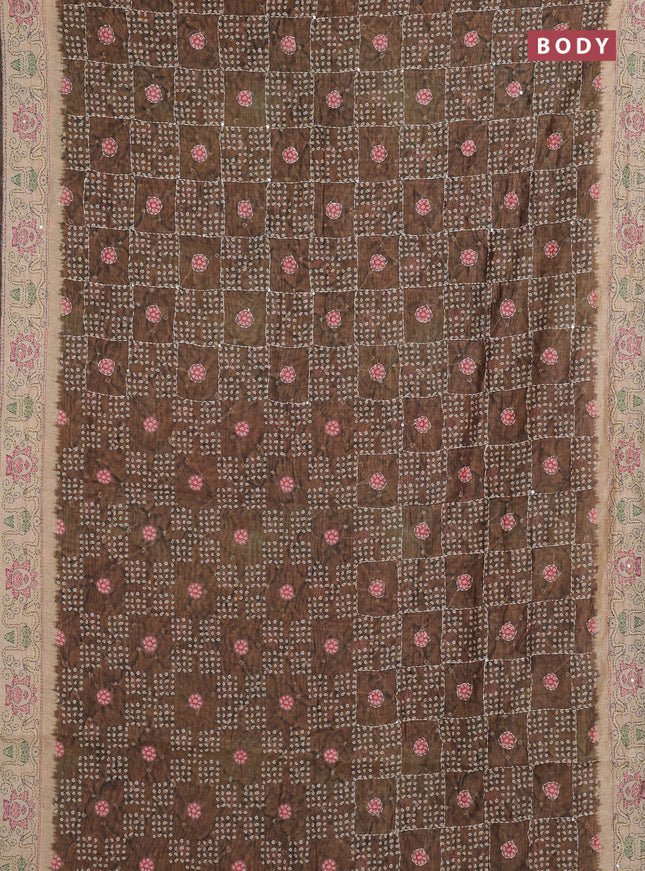 Semi linen saree dark beige and beige with allover bandhani prints & embroidery work and embroidery pallu & border
