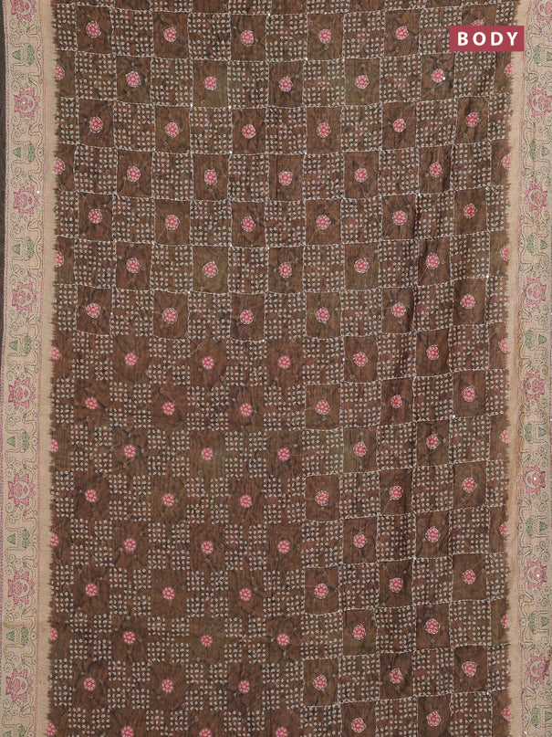 Semi linen saree dark beige and beige with allover bandhani prints & embroidery work and embroidery pallu & border