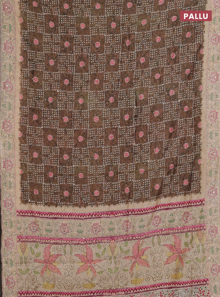 Semi linen saree dark beige and beige with allover bandhani prints & embroidery work and embroidery pallu & border