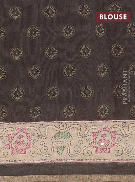 Semi linen saree dark beige and beige with allover bandhani prints & embroidery work and embroidery pallu & border