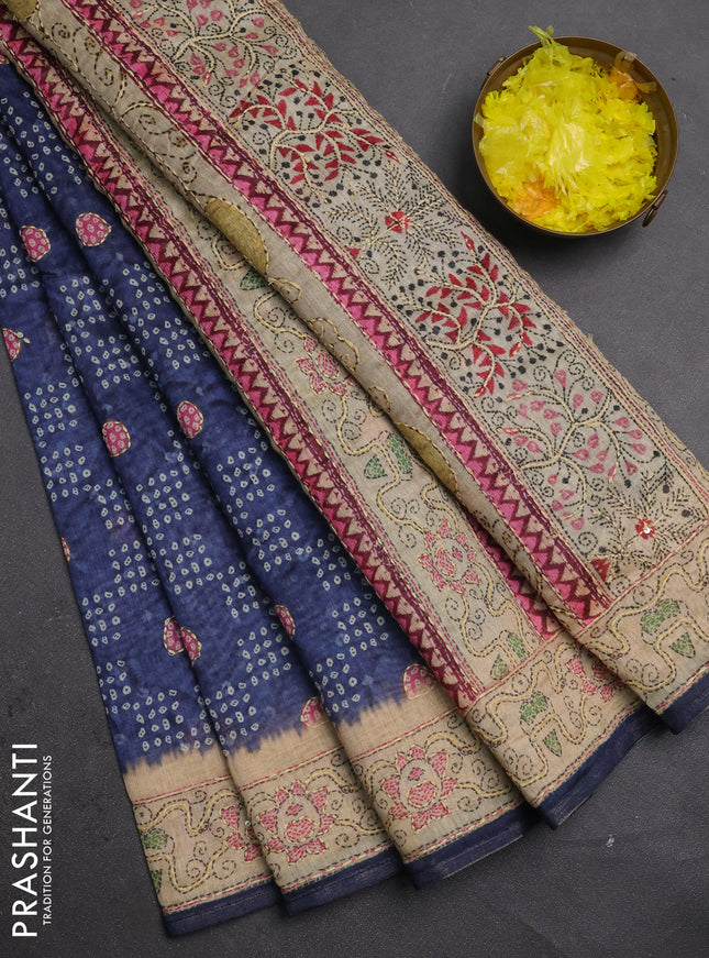 Semi linen saree navy blue and beige with allover bandhani prints & embroidery work and embroidery pallu & border