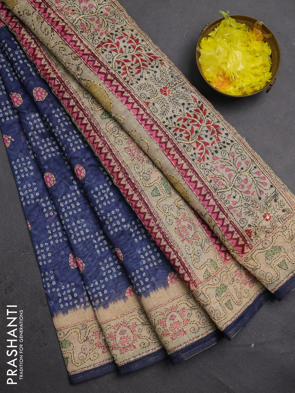 Semi linen saree navy blue and beige with allover bandhani prints & embroidery work and embroidery pallu & border