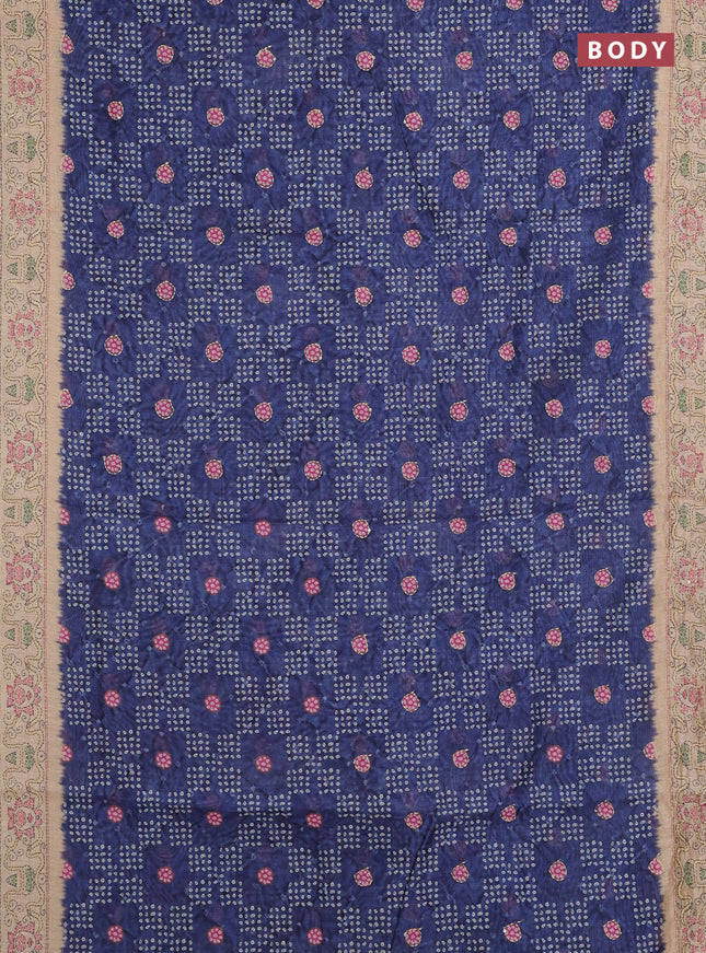 Semi linen saree navy blue and beige with allover bandhani prints & embroidery work and embroidery pallu & border
