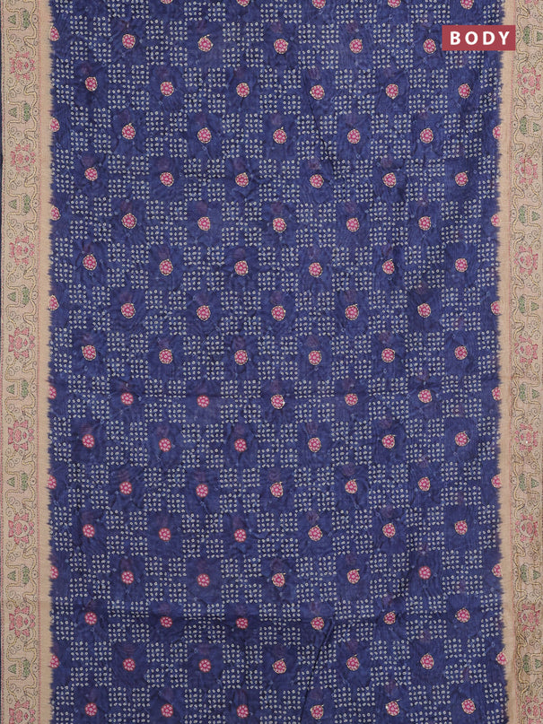 Semi linen saree navy blue and beige with allover bandhani prints & embroidery work and embroidery pallu & border