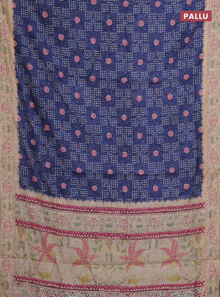 Semi linen saree navy blue and beige with allover bandhani prints & embroidery work and embroidery pallu & border
