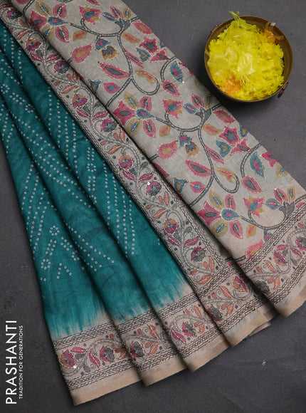 Semi linen saree peacock green and beige with allover bandhani prints and embroidery pallu & border