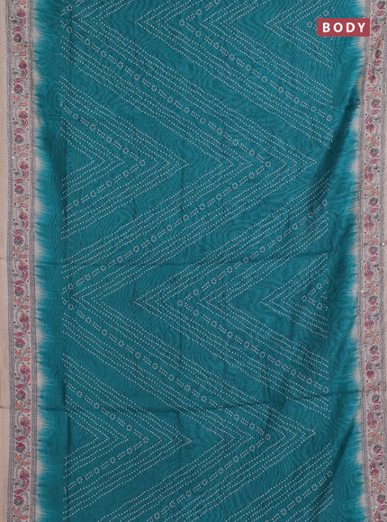 Semi linen saree peacock green and beige with allover bandhani prints and embroidery pallu & border