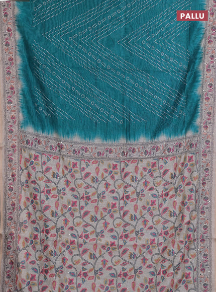 Semi linen saree peacock green and beige with allover bandhani prints and embroidery pallu & border