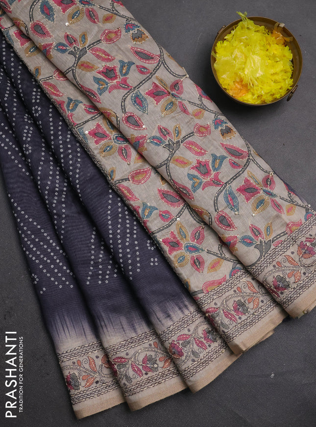 Semi linen saree grey and beige with allover bandhani prints and embroidery pallu & border
