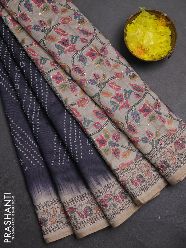 Semi linen saree grey and beige with allover bandhani prints and embroidery pallu & border
