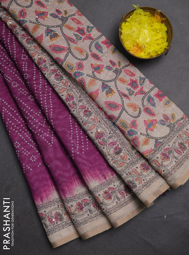 Semi linen saree purple and beige with allover bandhani prints and embroidery pallu & border