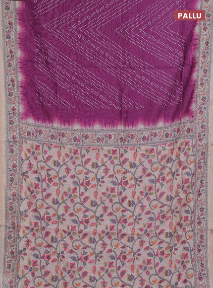 Semi linen saree purple and beige with allover bandhani prints and embroidery pallu & border