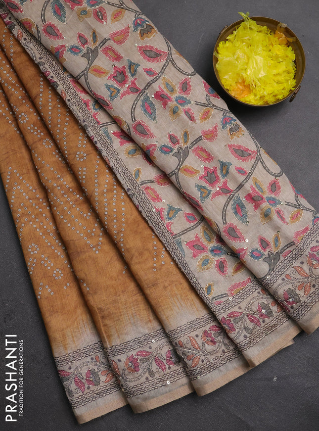 Semi linen saree mustard yellow and beige with allover bandhani prints and embroidery pallu & border