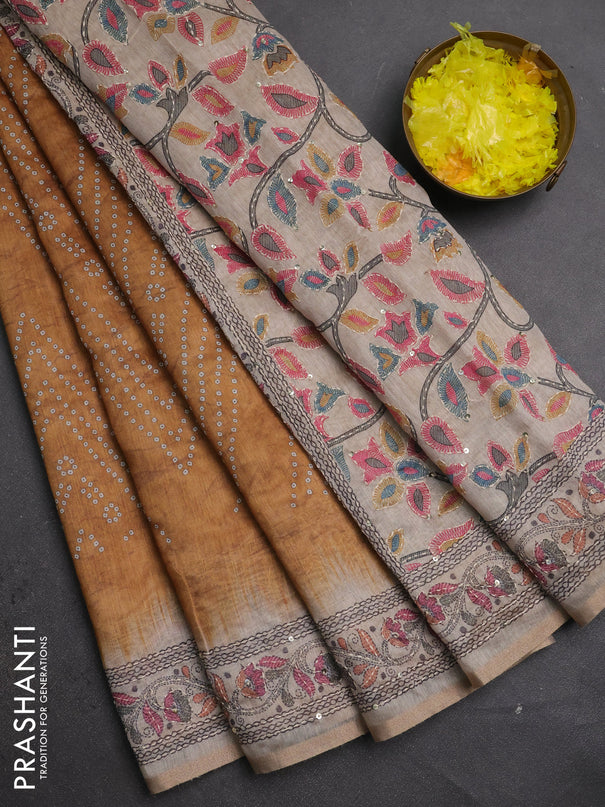 Semi linen saree mustard yellow and beige with allover bandhani prints and embroidery pallu & border