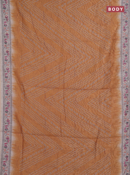 Semi linen saree mustard yellow and beige with allover bandhani prints and embroidery pallu & border