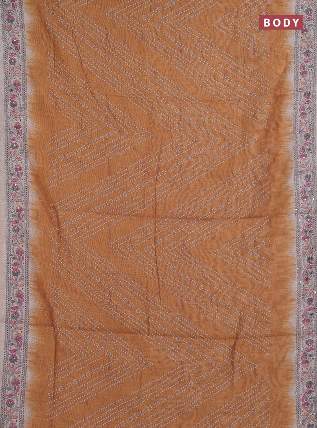 Semi linen saree mustard yellow and beige with allover bandhani prints and embroidery pallu & border
