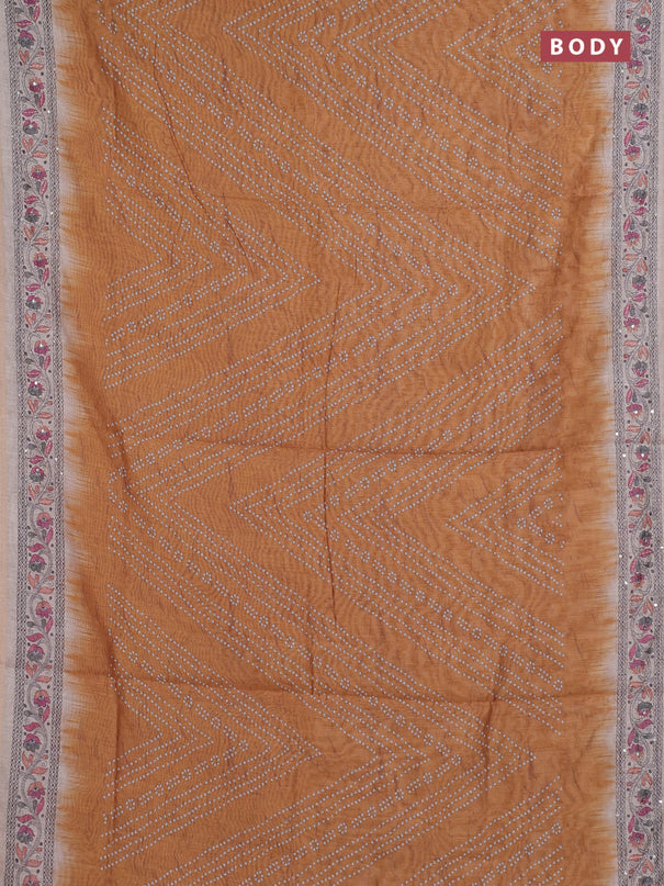 Semi linen saree mustard yellow and beige with allover bandhani prints and embroidery pallu & border