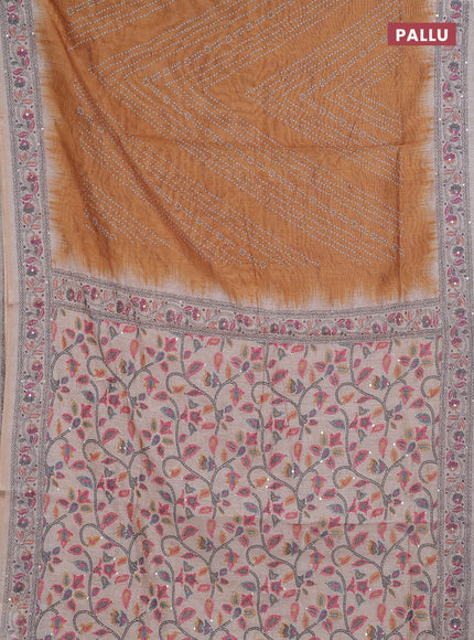 Semi linen saree mustard yellow and beige with allover bandhani prints and embroidery pallu & border