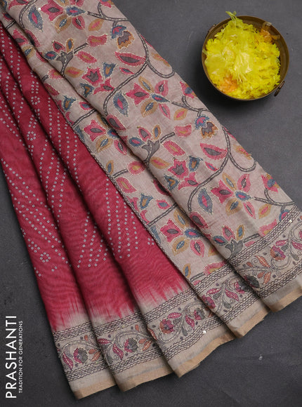 Semi linen saree maroon and beige with allover bandhani prints and embroidery pallu & border