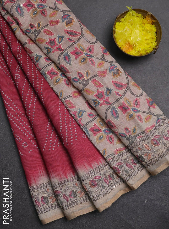 Semi linen saree maroon and beige with allover bandhani prints and embroidery pallu & border