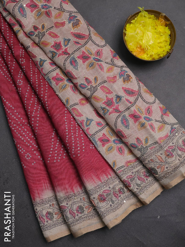 Semi linen saree maroon and beige with allover bandhani prints and embroidery pallu & border