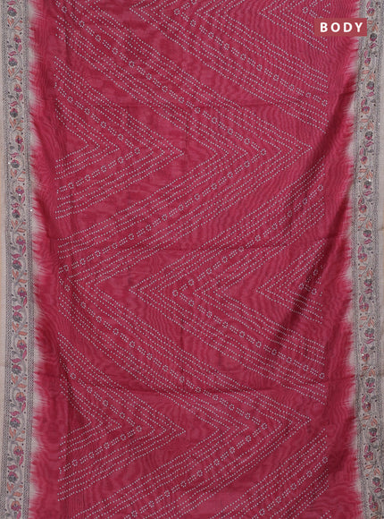 Semi linen saree maroon and beige with allover bandhani prints and embroidery pallu & border