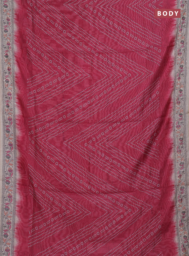 Semi linen saree maroon and beige with allover bandhani prints and embroidery pallu & border