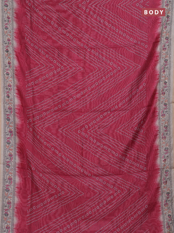 Semi linen saree maroon and beige with allover bandhani prints and embroidery pallu & border
