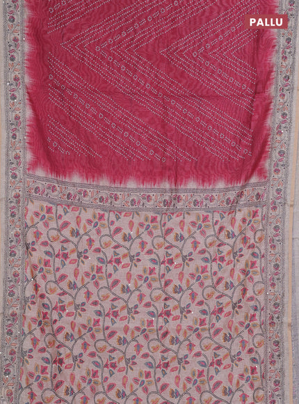 Semi linen saree maroon and beige with allover bandhani prints and embroidery pallu & border