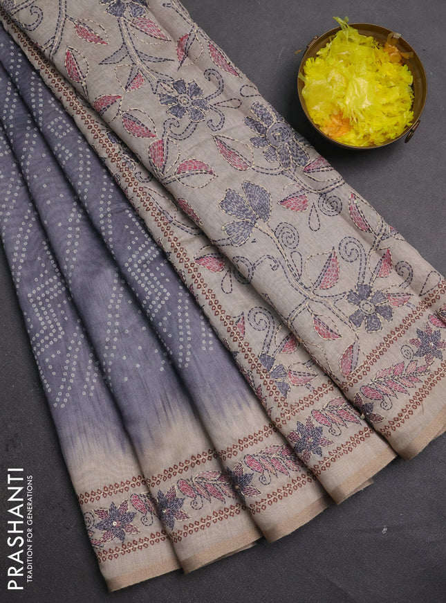 Semi linen saree grey and beige with allover bandhani prints and embroidery pallu & border