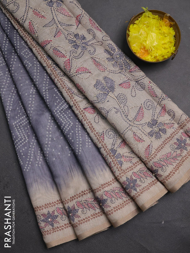 Semi linen saree grey and beige with allover bandhani prints and embroidery pallu & border