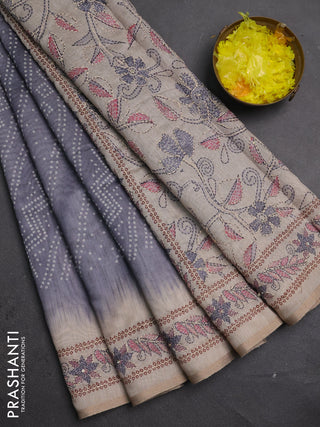 Semi linen saree grey and beige with allover bandhani prints and embroidery pallu & border