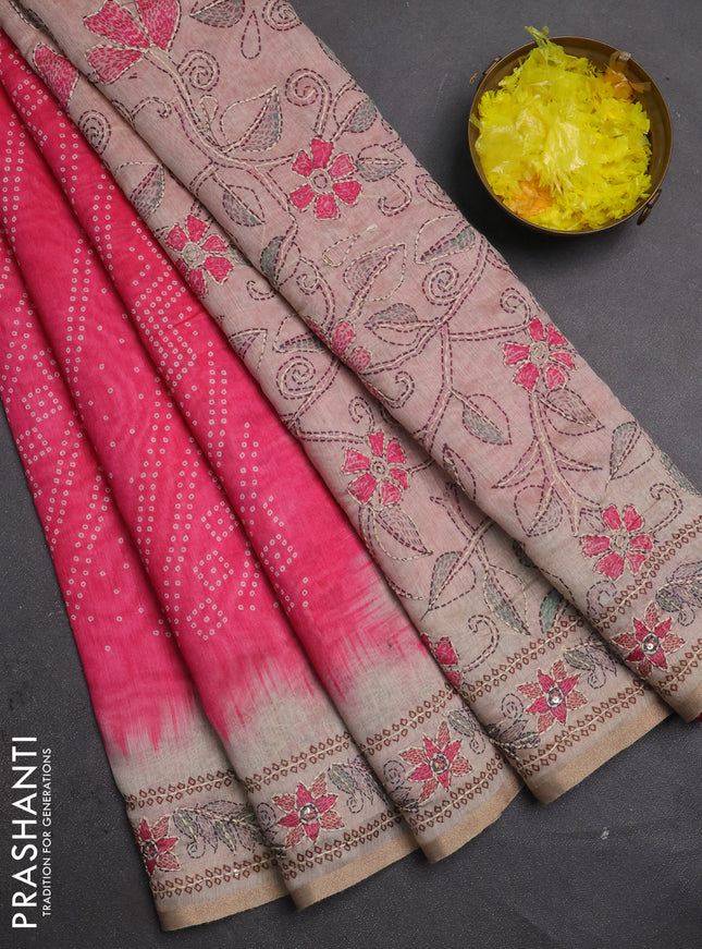 Semi linen saree pink and beige with allover bandhani prints and embroidery pallu & border