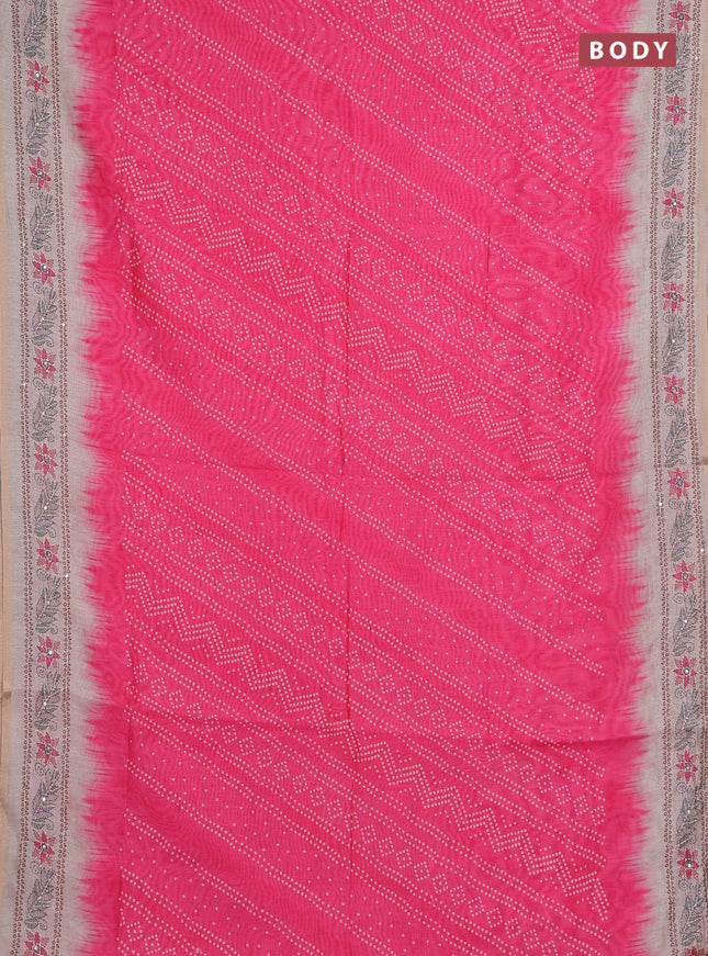 Semi linen saree pink and beige with allover bandhani prints and embroidery pallu & border