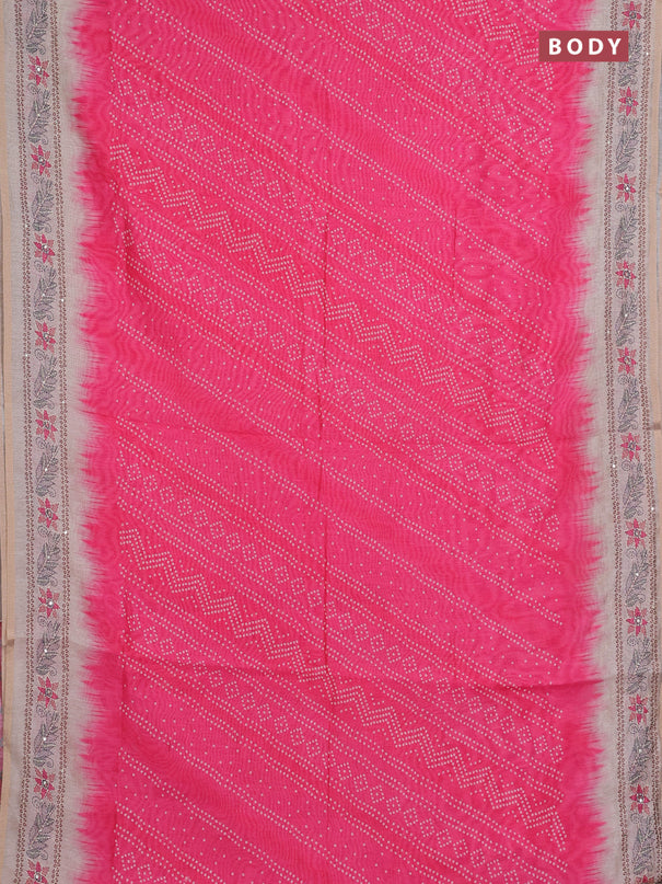 Semi linen saree pink and beige with allover bandhani prints and embroidery pallu & border