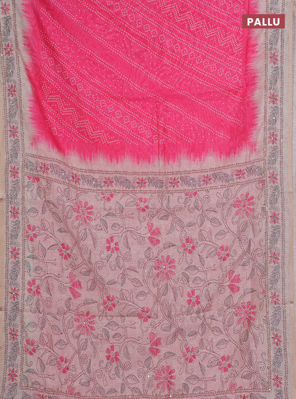 Semi linen saree pink and beige with allover bandhani prints and embroidery pallu & border