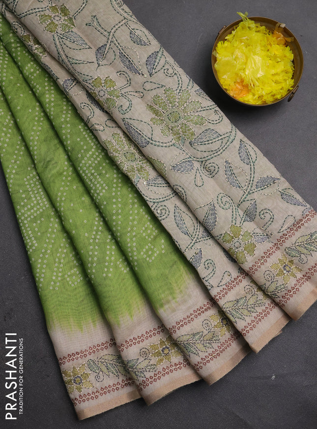 Semi linen saree light green and beige with allover bandhani prints and embroidery pallu & border