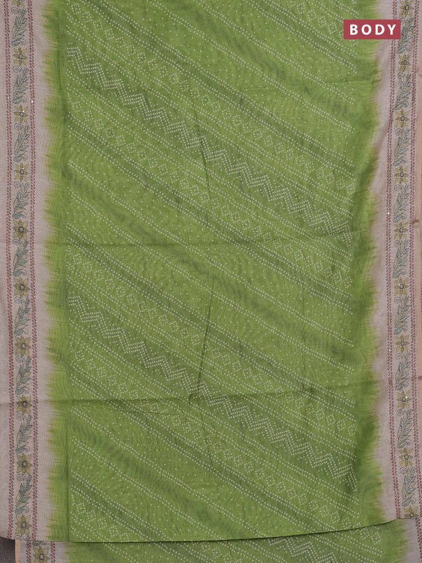 Semi linen saree light green and beige with allover bandhani prints and embroidery pallu & border