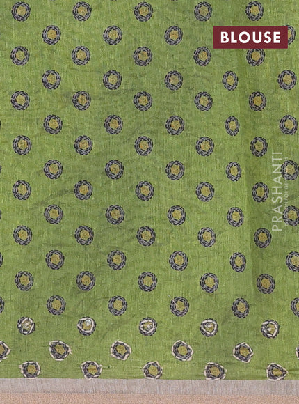 Semi linen saree light green and beige with allover bandhani prints and embroidery pallu & border