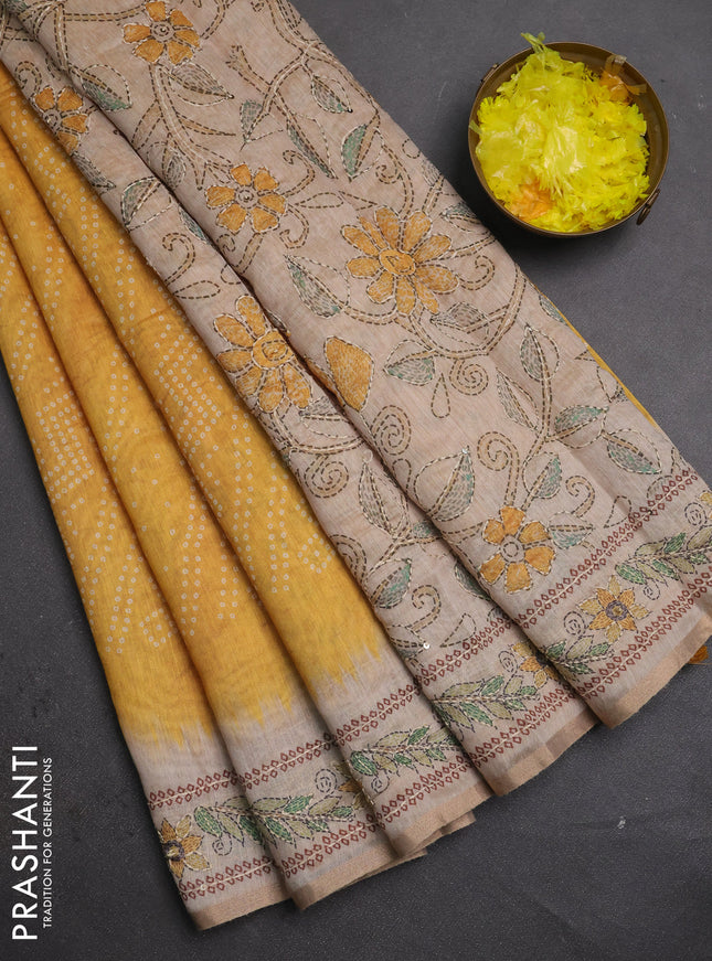 Semi linen saree mustard yellow and beige with allover bandhani prints and embroidery pallu & border