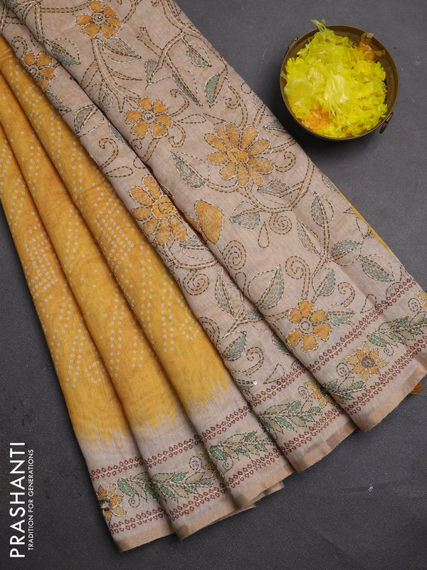 Semi linen saree mustard yellow and beige with allover bandhani prints and embroidery pallu & border