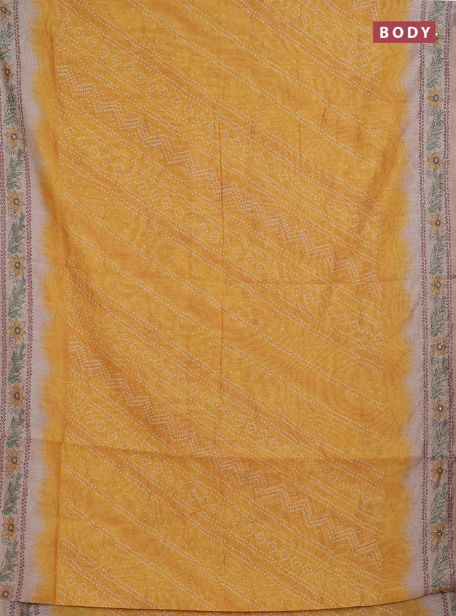 Semi linen saree mustard yellow and beige with allover bandhani prints and embroidery pallu & border